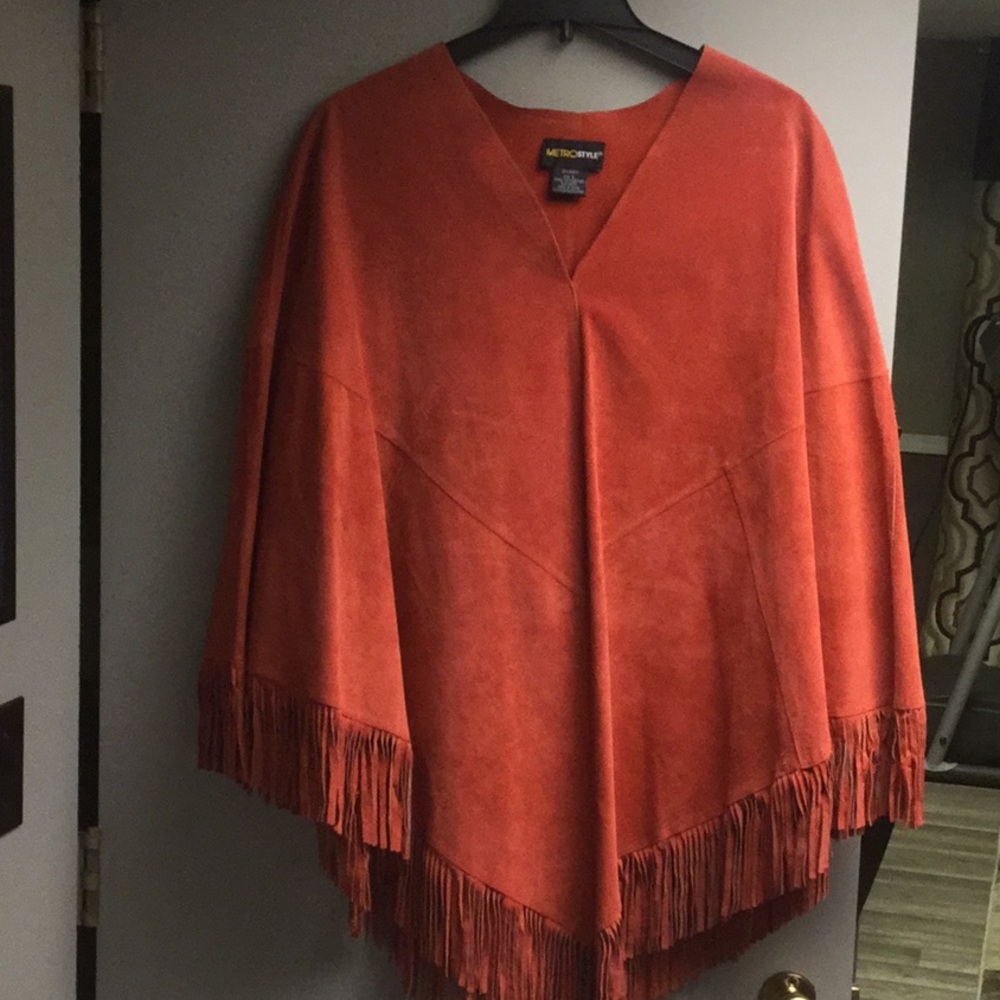 Genuine orange suede poncho with fringes